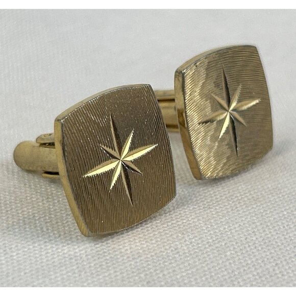 Vintage Gold Tone Starburst Cufflinks Square Design Mens Accessories - Picture 3 of 7